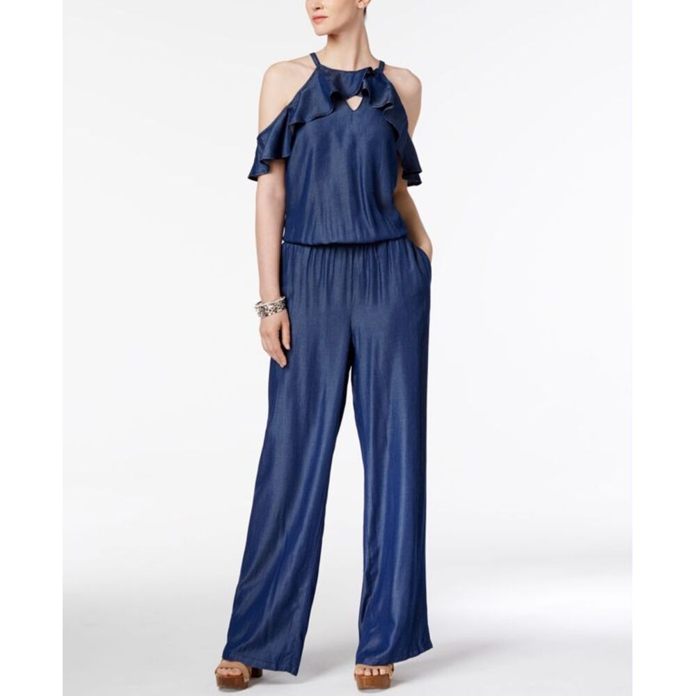 INC International Concepts Petite Ruffled Cold Shoulder Jumpsuit